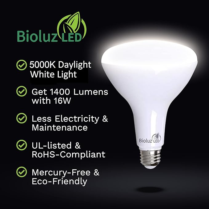 Bioluz 8 Pack Brightest BR40 LED Light Bulb - Instant ON Light Bulbs 16W = 120W Replacement 5000K Daylight 1400 Lumen Led Bulbs Indoor & Outdoor Lighting Smooth Dimmable Lamp UL Listed Lightbulb