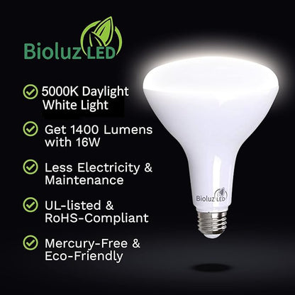 Bioluz 8 Pack Brightest BR40 LED Light Bulb - Instant ON Light Bulbs 16W = 120W Replacement 5000K Daylight 1400 Lumen Led Bulbs Indoor & Outdoor Lighting Smooth Dimmable Lamp UL Listed Lightbulb