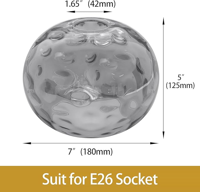 7" Glass Shade Replacement for E26 Pendant Lights, Smoked Grey Globe Lampshade for Desk Table Floor Lamp, Pendant, Wall Sconce, Dia 7", Height 5", Fitter 1.65"