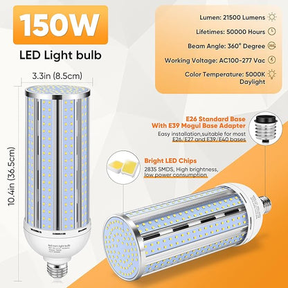 4 Pack 150W Corn LED Light Bulb,Fanless 5000K Daylight(1500 Watt Equivalent) E26/E39 Large Mogul Base LED Cob Lamp 21,500LM for Outdoor Indoor Garage Warehouse Factory Workshop Street Backyard