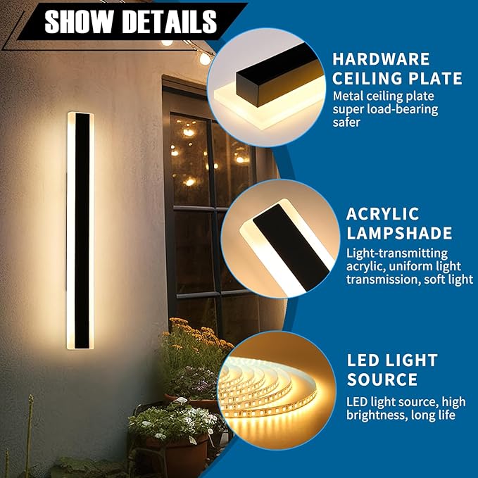 2 Pack Outdoor Wall Sconce Light, 31.4inch Modern Black Exterior Porch Light, 3 Color Lights 3000K/4500K/6000K, 31W, IP65 Waterproof Wall Mounted Lighting Fixture for Patio, Yard, Garage