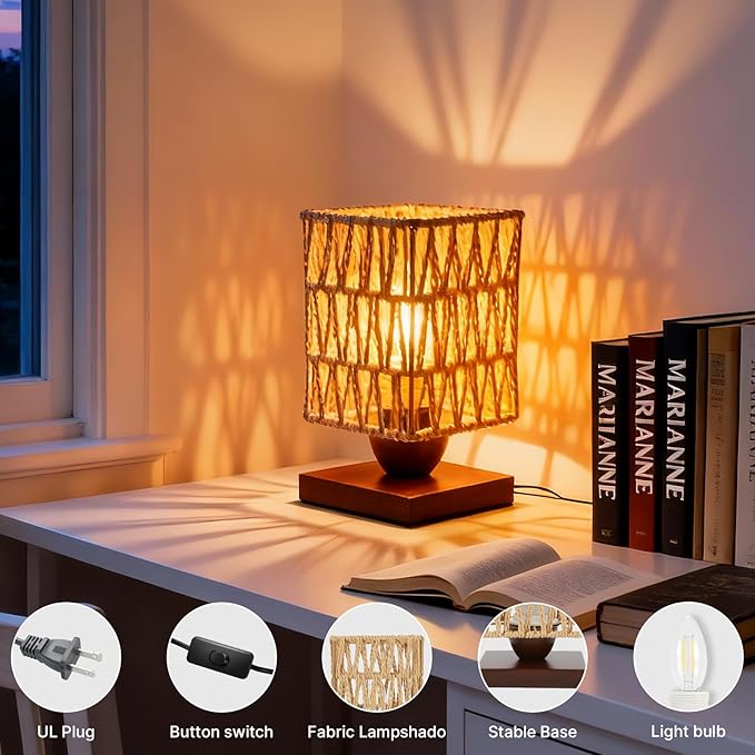 Boho Small Table Lamp,Vintage Wicker Wooden Nightstand Bamboo Woven End Table Lamps,Farmhouse Rattan Beside Lamp for Room Decor, for Bedroom Living Room Desk Kids Room(LED Bulb Included) (B)