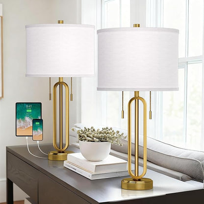 26.5" Set of 2 Industrial Table Lamps with USB C+ A Ports, Gold Metal Bedside Lamps, Pull Chain, Modern Farmhouse Nightstand Lamp for Bedroom, Living Room, Home Office with White Shade
