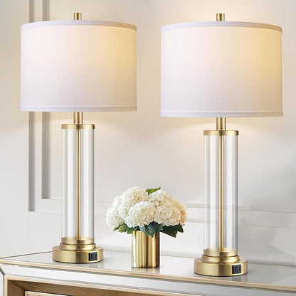 QiMH Lamps for Bedrooms Set of 2, Touch Control Table Lamps with USB A+C Ports, 3-Way Dimmable Bedside Lamp with Fabric Lampshade, Modern Nightstand Lamp for Living Room Bedroom (LED Bulbs Included)