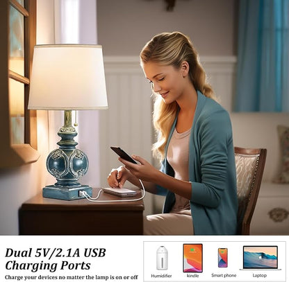 20.75" Farmhouse Table Lamps for Bedroom Set of 2, Rustic Bedside Lamps with 2 USB Port, Retro side table lamp Antique Nightstand Lamp for Living Room End Table Office Country, Traditional Washed Blue