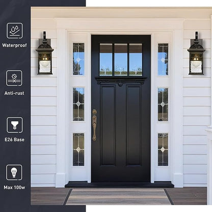 2-Pack Outdoor Wall Lanterns Exterior Waterproof Wall Sconce Light Fixture Black Outdoor Lighting Fixture with Water Ripple Glass Shade Outside Porch Light for Garage Patio and Doorway