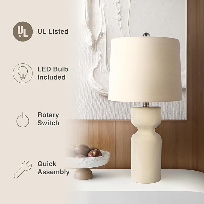 Abani Table Lamp Carlotta Gloss Cylinder 23” – Cream Ceramic Base with Linen Shade – E26 Bulb Included – Modern Desk Lamp for Bedroom, Living Room Lamp, or Entryway