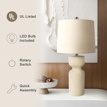 Abani Table Lamp Carlotta Gloss Cylinder 23” – Cream Ceramic Base with Linen Shade – E26 Bulb Included – Modern Desk Lamp for Bedroom, Living Room Lamp, or Entryway