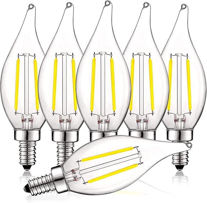 LUXRITE 4W Vintage Candelabra LED Bulbs Dimmable, 400 Lumens, 5000K Bright White, LED Chandelier Light Bulbs 40W Equivalent, Flame Clear Glass, Filament LED Candle Bulb, UL Listed, E12 Base (6 Pack)