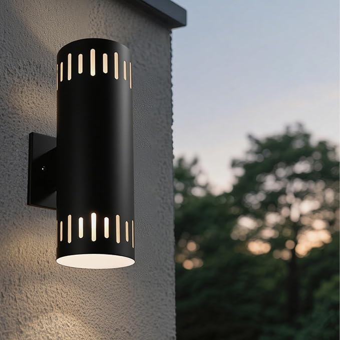 Outdoor Wall Lights Stainless Steel, 23W 3000K Integrated LED Cylinder Up Down Wall Sconces, 1300LM Warm White Exterior Lightiing IP65 Waterproof Light Fixture for House, Porch, 2 Pack Black