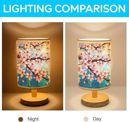 Cherry Blossom Table Lamp LED 3-Color Pressed Bedside, Cherry Blossom Shade Lamp with Wood Base for Bedroom Living Room Desk Office TL01