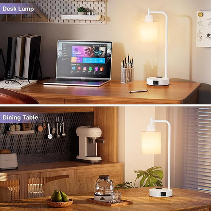 Innqoo Industrial White Table Lamps for Bedrooms Set of 2-3-Way Dimmable Desk Lamp with USB C+A Ports and Outlet, White Lamps with Opal Glass Shade for Living Room
