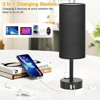 Black Touch Table Lamps Set - 3 Way Dimmable Bedroom Bedside Lamps Set of 2 with USB C and A Ports,Small Lamps for Nightstand with AC Outlet,Round Flaxen Shade for Desk,Office,Dorm,Nursery