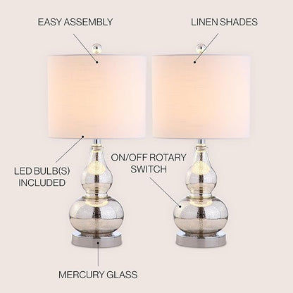 JONATHAN Y JYL1028C-SET2 20.5" Silver Mercury Glass Gourd Table Lamp Set of 2, Modern Glam Bedside Nightstand Lamps for Bedroom, Living Room, Office, End Table with White Linen Drum Shade