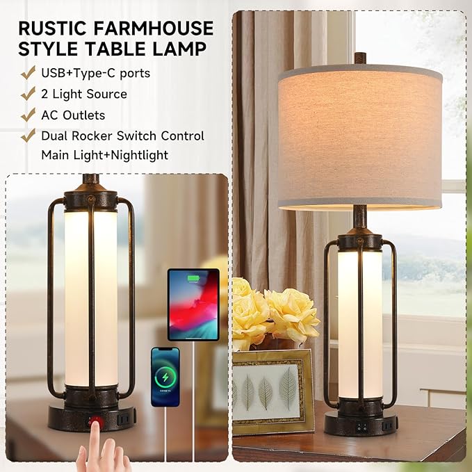 Farmhouse Lamps for Living Room Vintage Bedroom Nightstand Table LampRustic Bedside Lamp Lamps Set of 2 Rocker Switch & USB A+C Charging Ports & AC Outlet,Built-In Frosted Glass Night Light