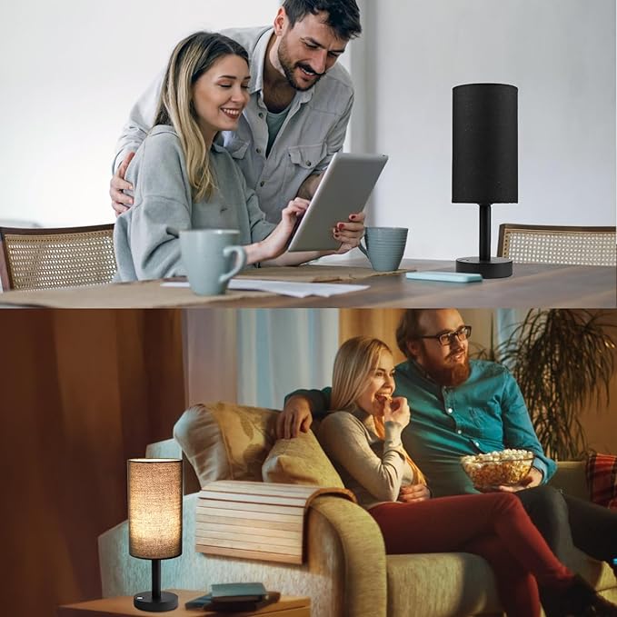 Small Table Lamp Nightstand Lamp Linen Lampshade Bedroom Wood Base Small Bedside Lamp for Night Stands, Desk Lamps for Reading Living Room, Office (LED Bulb Included) (Black and Cordless)
