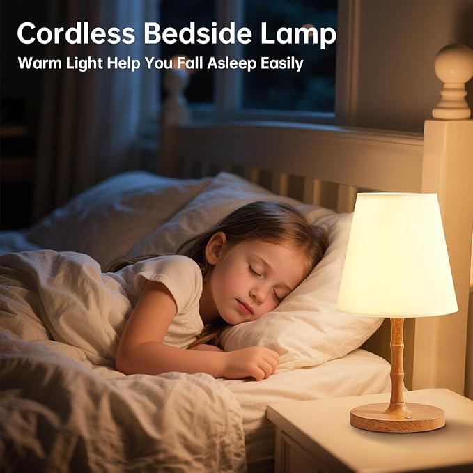 Table Lamp Cordless Bedside Desk Lamp,Rechargeable Battery Operated Lamps for Bedroom Night Stands,3 Colors Touch Dimmable Small Table Kitchen Lamps,4000mAh LED Wood Grain(Fabric Shade)