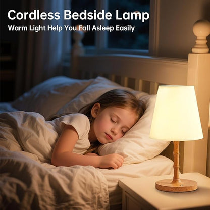 Table Lamp Cordless Bedside Desk Lamp,Rechargeable Battery Operated Lamps for Bedroom Night Stands,3 Colors Touch Dimmable Small Table Kitchen Lamps,4000mAh LED Wood Grain(Fabric Shade)