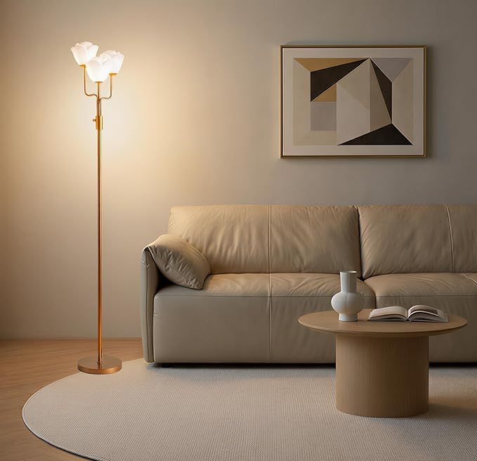 Fiqevs Dimmable Flower Floor Lamp for Living Room, Vintage Floor Lamp with 3 LED Bulbs, Mid Century Gold Standing Lamp with Acrylic Shade, Floral Tall Lamp for Bedroom Office - Antique Brass