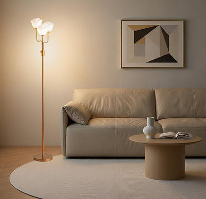 Fiqevs Dimmable Flower Floor Lamp for Living Room, Vintage Floor Lamp with 3 LED Bulbs, Mid Century Gold Standing Lamp with Acrylic Shade, Floral Tall Lamp for Bedroom Office - Antique Brass