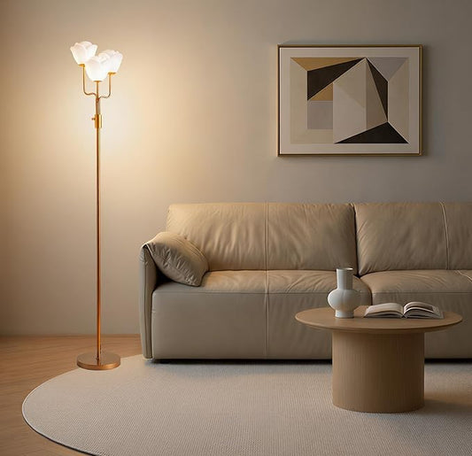 Fiqevs Dimmable Flower Floor Lamp for Living Room, Vintage Floor Lamp with 3 LED Bulbs, Mid Century Gold Standing Lamp with Acrylic Shade, Floral Tall Lamp for Bedroom Office - Antique Brass