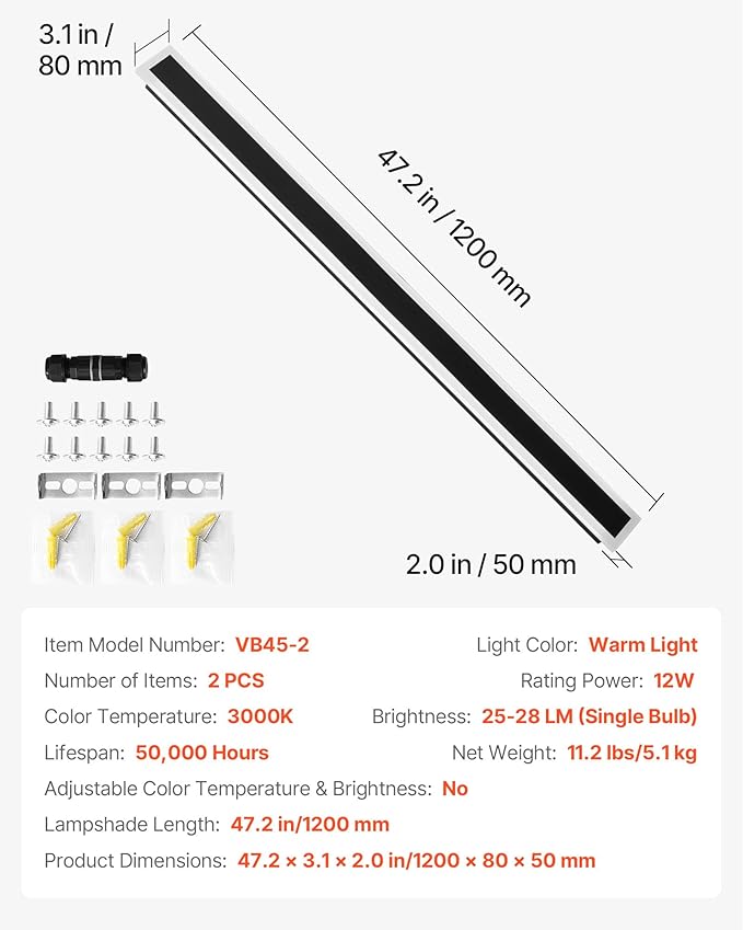 VEVOR Outdoor Wall Lights, 2 Pack, 47.2 Inch Long Strip Modern Exterior Wall Sconce Light Fixtures, 3000K Warm White, IP65 Waterproof Anti-Rust Outside Wall Mount Lighting, for House, Porch, Garage
