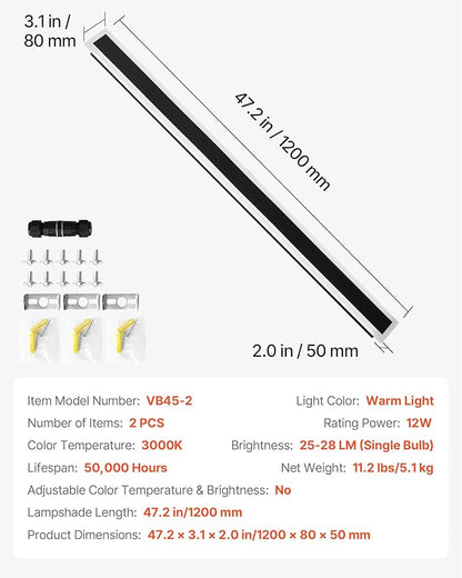 VEVOR Outdoor Wall Lights, 2 Pack, 47.2 Inch Long Strip Modern Exterior Wall Sconce Light Fixtures, 3000K Warm White, IP65 Waterproof Anti-Rust Outside Wall Mount Lighting, for House, Porch, Garage