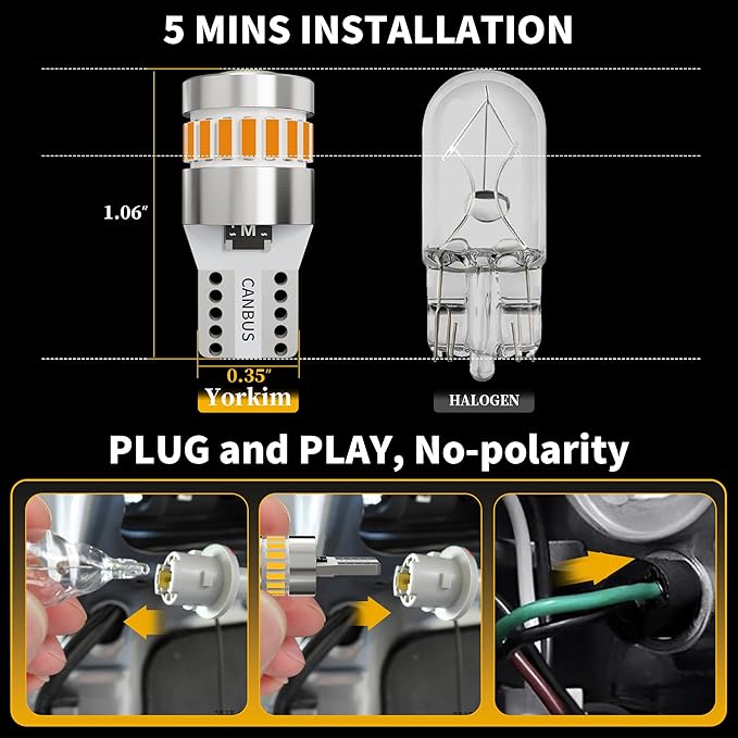 Yorkim 194 LED Bulb 6300K Amber Yellow, 168 2825 W5W T10 LED Light Bulb Error Free for License Plate, Dome, Map, Courtesy, Side Marker Lights, Pack of 2
