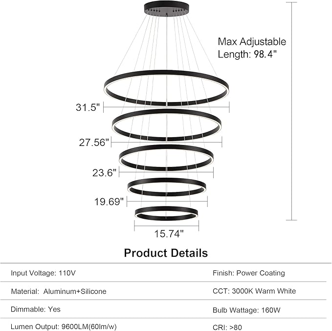 Elegant 5-Rings Black Modern LED Chandelier – Fully Dimmable High Ceiling Pendant Light for Dining Room, Living Room, Foyer & Staircase (Warm White 3000K, Adjustable Size 15.7"-31.4")