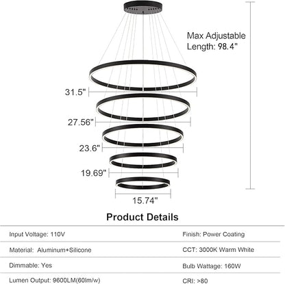 Elegant 5-Rings Black Modern LED Chandelier – Fully Dimmable High Ceiling Pendant Light for Dining Room, Living Room, Foyer & Staircase (Warm White 3000K, Adjustable Size 15.7"-31.4")