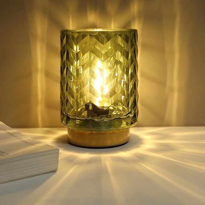 Battery Operated Lamp Cozy Bedside Ambience, Small Vintage Cordless Table Lamp for Shelf Office Desk, Glass Decorative Accent Lamp for Living Room/Entryway/Dorm Wave Design-Green