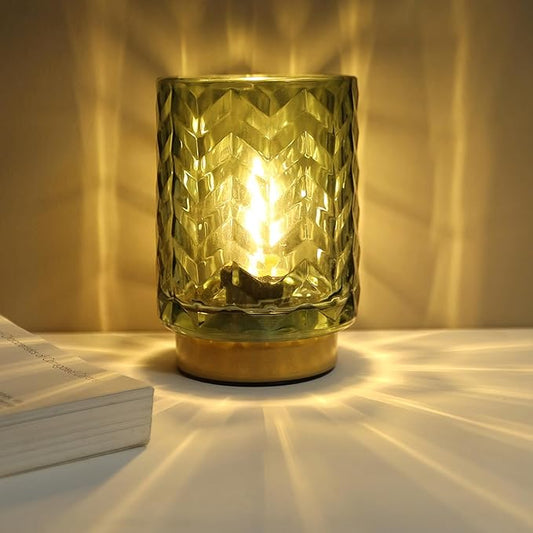 Battery Operated Lamp Cozy Bedside Ambience, Small Vintage Cordless Table Lamp for Shelf Office Desk, Glass Decorative Accent Lamp for Living Room/Entryway/Dorm Wave Design-Green