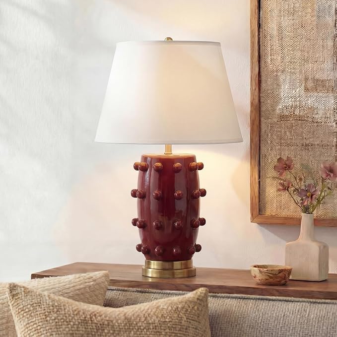 Modern Ceramic Linden Table Lamp - 30" White Ball Farmhouse Design, Classic Nightstand Large Linden Lamp Tapered Drum Shade for Living Room, Bedroom, Office, and Home （Wine Red）