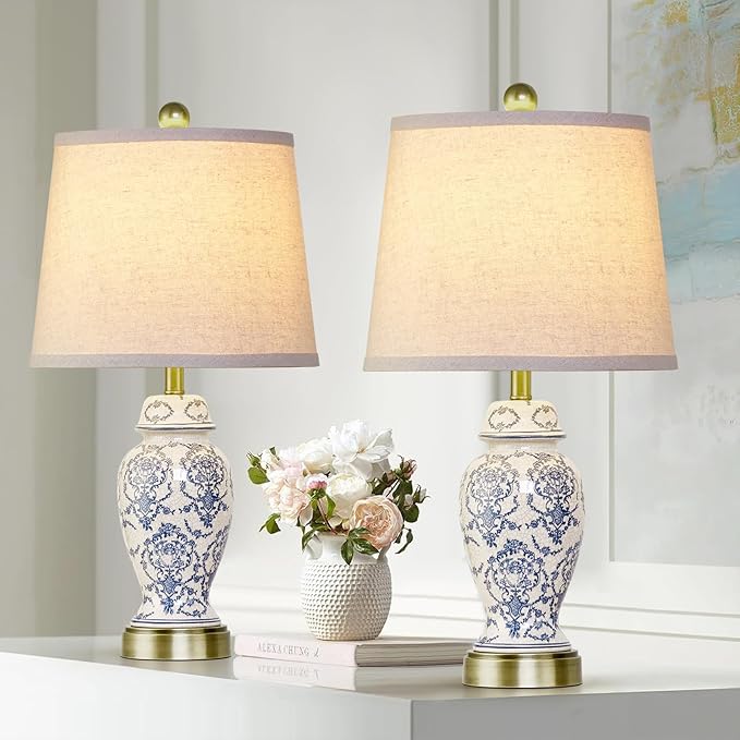RORIANO Chinoiserie Ceramic Table Lamps Set of 2 for Living Room Bedroom Bedside, Traditional Blue Porcelain Classic Table Lamp for Nightstand Entryway, 2 LED Bulbs Included
