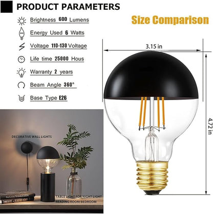 Half Chrome Light Bulb,6W (60W Equivalent) Dimmable LED Edison Bulbs,G80/G25 Globe Shape Decorative,Half Black Reflected Light,3000K Soft White CRI 90+ E26 Base Pack of 4
