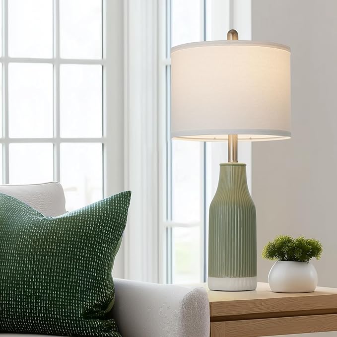 24.5" Modern Ceramic Table Lamp for Nightstand, Farmhouse Bedside Lamp for Bedroom, Small Table Lamp for Living Room End Table, Light Green (1 Pack)