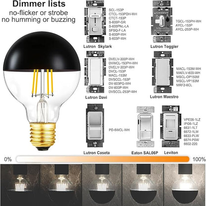 Leools Half Black LED Light Bulbs,Dimmable 6W (Equivalent 60Watt) Edison Bulbs,4000K Daylight White,G80/G25 Half Chrome Dipped Anti-Glare LED Filament Bulbs,Decorative Bulb,CRI 90+ E26 Base Pack of 4