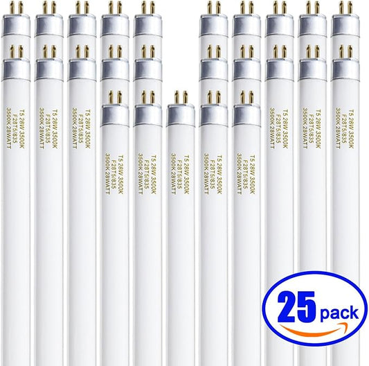 T5 28 Watts Fluorescent Light Bulb, 46 Inch T5 Fluoerscent Tube Compatible with Philips F28T5/835/ALTO, Sylvania FP28/835/ECO, 3500K Soft White Mini Bi-Pin Base G5, 2800 Lumens CRI 85 25 Pack