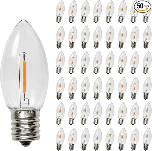 50PACK C9 LED Christmas Light Bulb ，C9 LED Replacement Bulb for Christmas String Lights, E17 Intermediate Base, 2200K Warm White, Commercial Grade Holiday Clear ‎Plastic Bulbs Dimmable Shatterproof