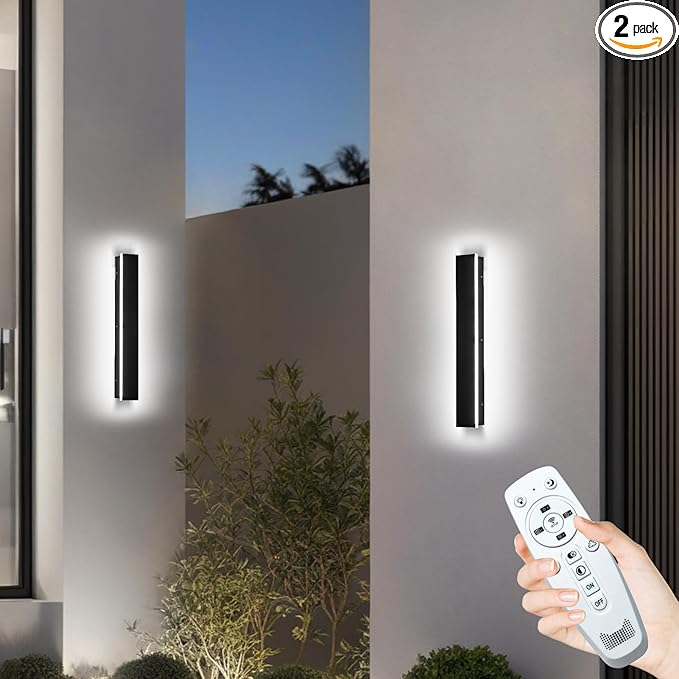 2 Pack 24" Modern Outdoor Wall Lights, 2700k-6500k Dimmable Long Wall Mounted Light LED Black Porch Light Linear Outdoor Wall Sconce IP65 Waterproof Slender Exterior Lights for House Garage