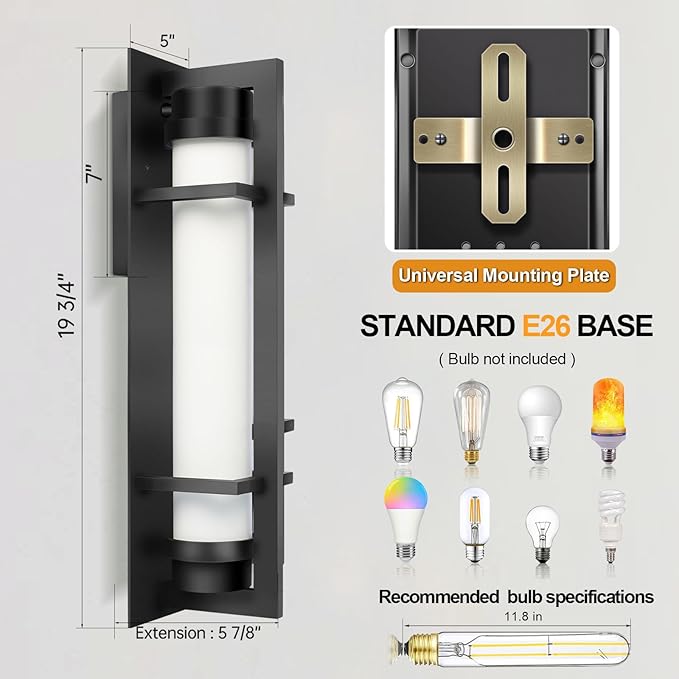 ALVIME Modern Large Outdoor Sconces, 20" H Matte Black Exterior Lighting Fixtures, Waterproof Outdoor Wall Light, Outside Sconce Lights for House, Entryway, Garage, E26 Base&Etched Opal Glass