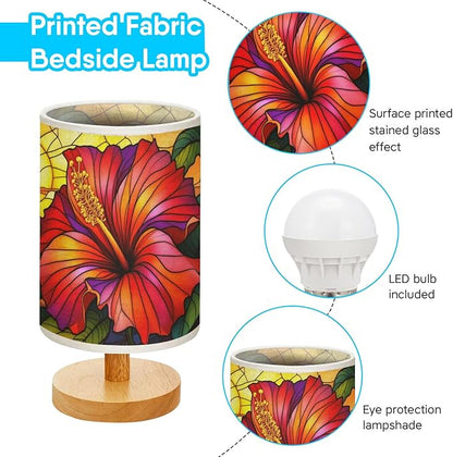Hibiscus Table Lamp LED 3-Color Pressed Bedside, Hibiscus Shade Lamp with Wood Base for Bedroom Living Room Desk Office TL01