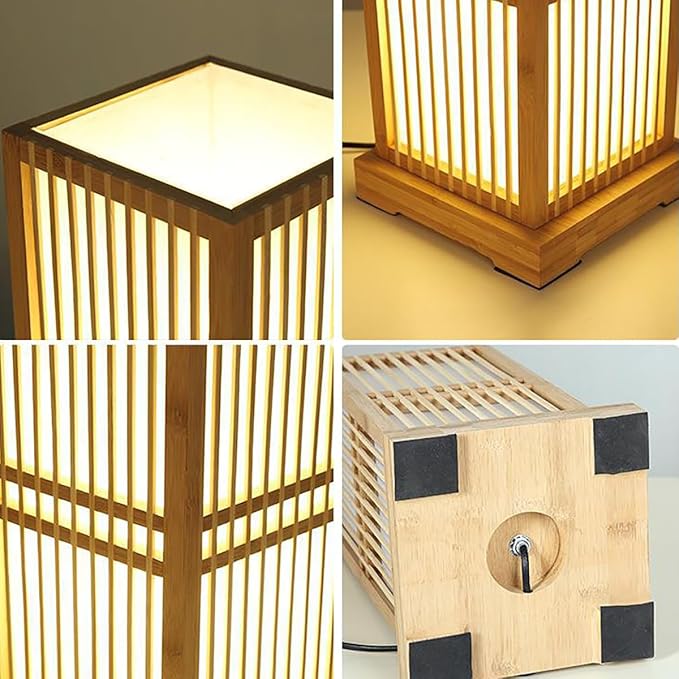 Bepuzz Bamboo Table Lamps Japanese Table Lamp Handmade Lantern Shade Wooden Base Natural Rattan Desk Lamp Eye-Caring Bedroom Bedside Night Light Study Room Desk Light Home Decor Lighting