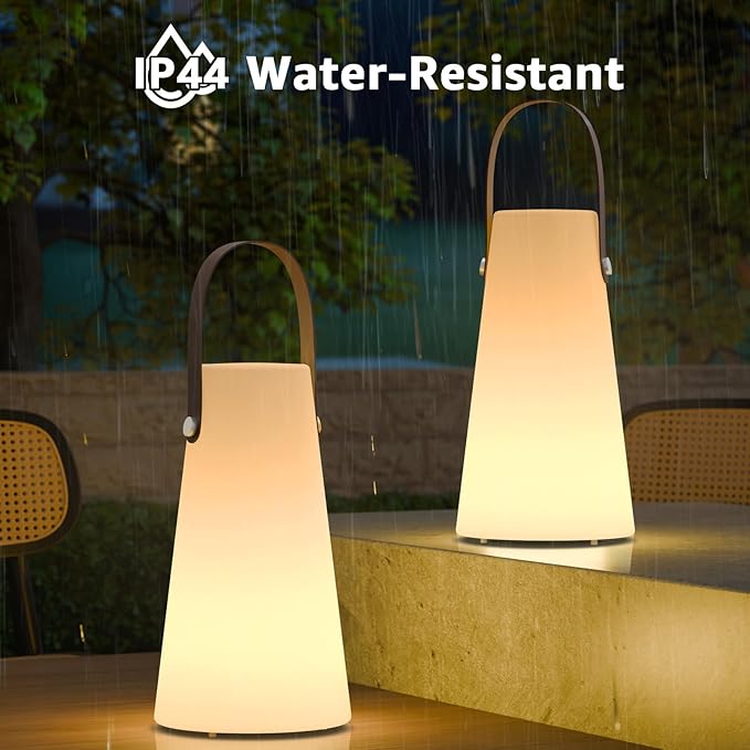 2 Pack Outdoor Lanterns, GGII Rechargeable Camping Lantern with IP44 Waterproof, Battery Operated Outdoor Portable Cordless Table Lamp with RGB Lights for Patio Balcony Garden (Leather Handle)