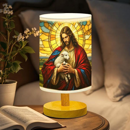 Jesus and The Lamb Table Lamp LED 3-Color Pressed Bedside, Jesus and The Lamb Shade Lamp with Wood Base for Bedroom Living Room Desk Office TL01