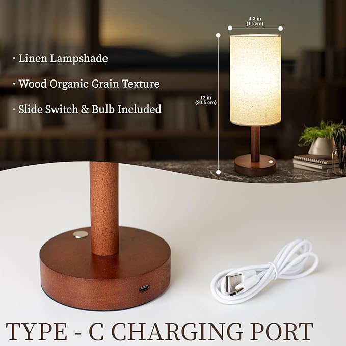 Small Table Lamp Nightstand Lamp Linen Lampshade Bedroom Wood Base Small Bedside Lamp for Night Stands, Desk Lamps for Reading Living Room, Office (LED Bulb Included) (Walnut Wood Cordless(2))