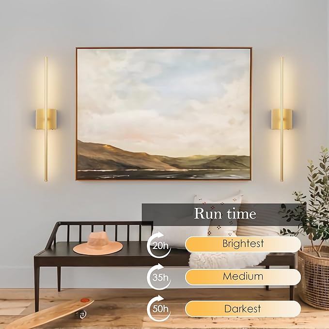Battery Operated Wall Sconces with Remote Control, Dimmable Wall Sconces Set of Two, 350°Rotate, 3000K LED Gold Wireless Wall Light for Living Room, Hallway, Bedroom, 24.4 Inch (2 Pack)