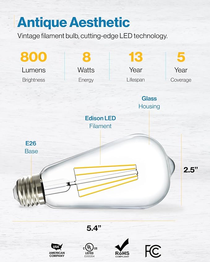 Sunco 100 Pack Edison Bulbs LED ST64, Clear Vintage Filament Waterproof Bulb, 800 LM, 8W (60W Equivalent), ST19, 4000K Cool White, E26 Medium Base, Decorative Dimmable UL