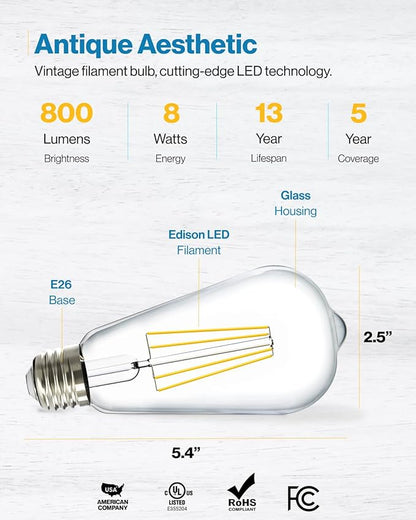 Sunco 6 Pack Edison Bulbs LED ST64, Clear Vintage Filament Waterproof Bulb, 800 LM, 8.5W (60W Equivalent), ST19, 3000K Warm White, E26 Medium Base, Decorative Dimmable UL