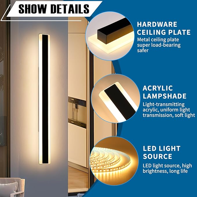 2 Pack Long Outdoor LED Wall Light, 57inch Modern Minimalist Wall Sconce, 3 Color 3000K/4500K/6000K, 50W, IP65 Waterproof, Black Exterior Lighting Fixture for Patio, Garden, Garage